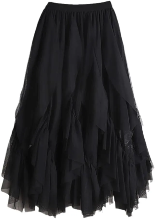 2 Layer Irregular Tulle Skirt Women Autumn Winter High Waist Gown A Line Skirt Female Midi Long Mesh Skirts