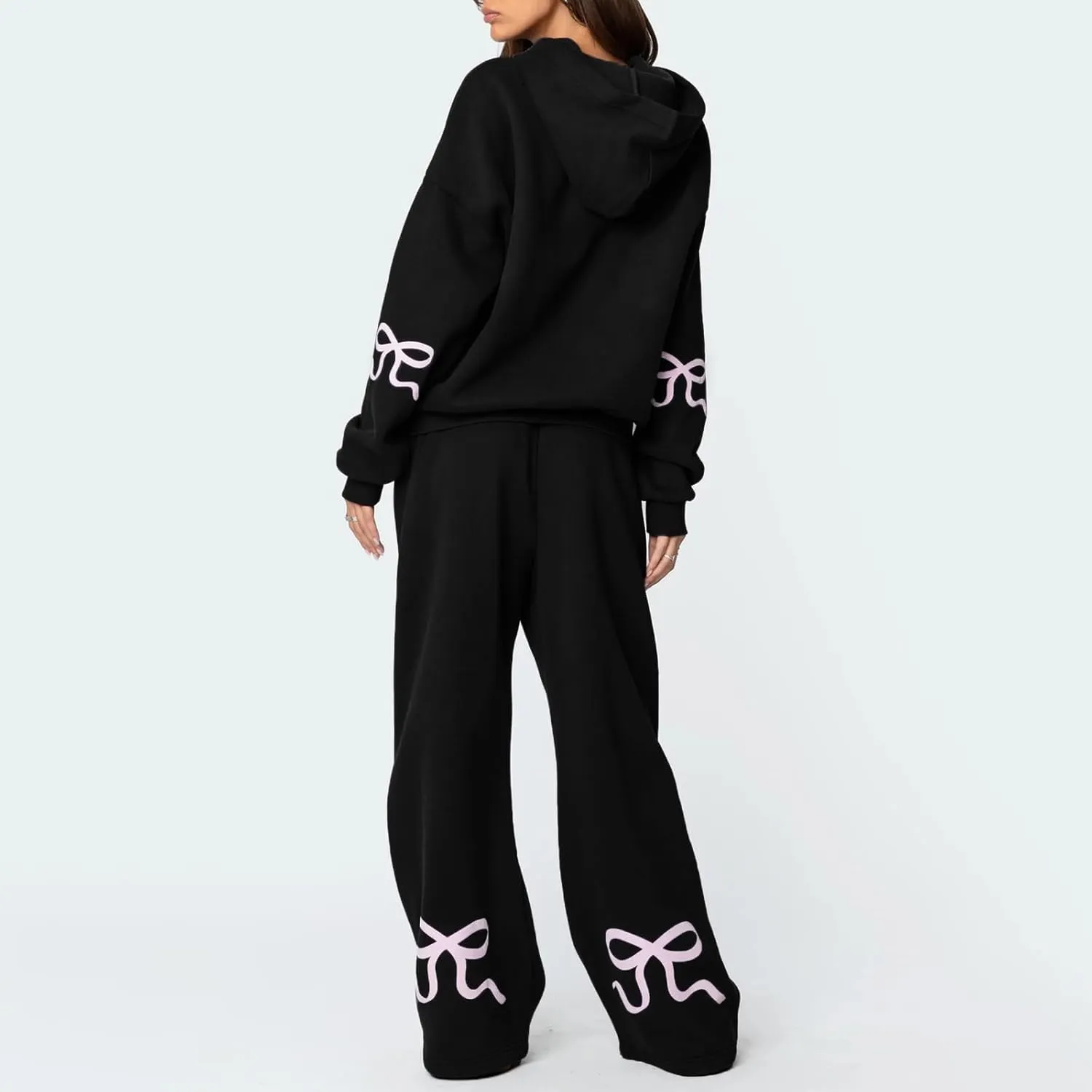 2 Piece Outfits for Women Bow Print Long Sleeve Oversized Hoodie Wide Leg Sweatpants with Pockets Sweatsuit Sets