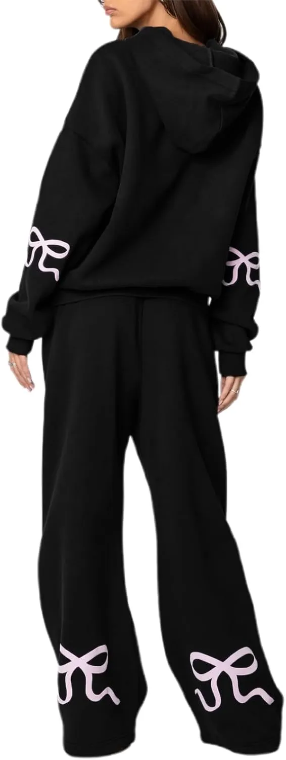 2 Piece Outfits for Women Bow Print Long Sleeve Oversized Hoodie Wide Leg Sweatpants with Pockets Sweatsuit Sets