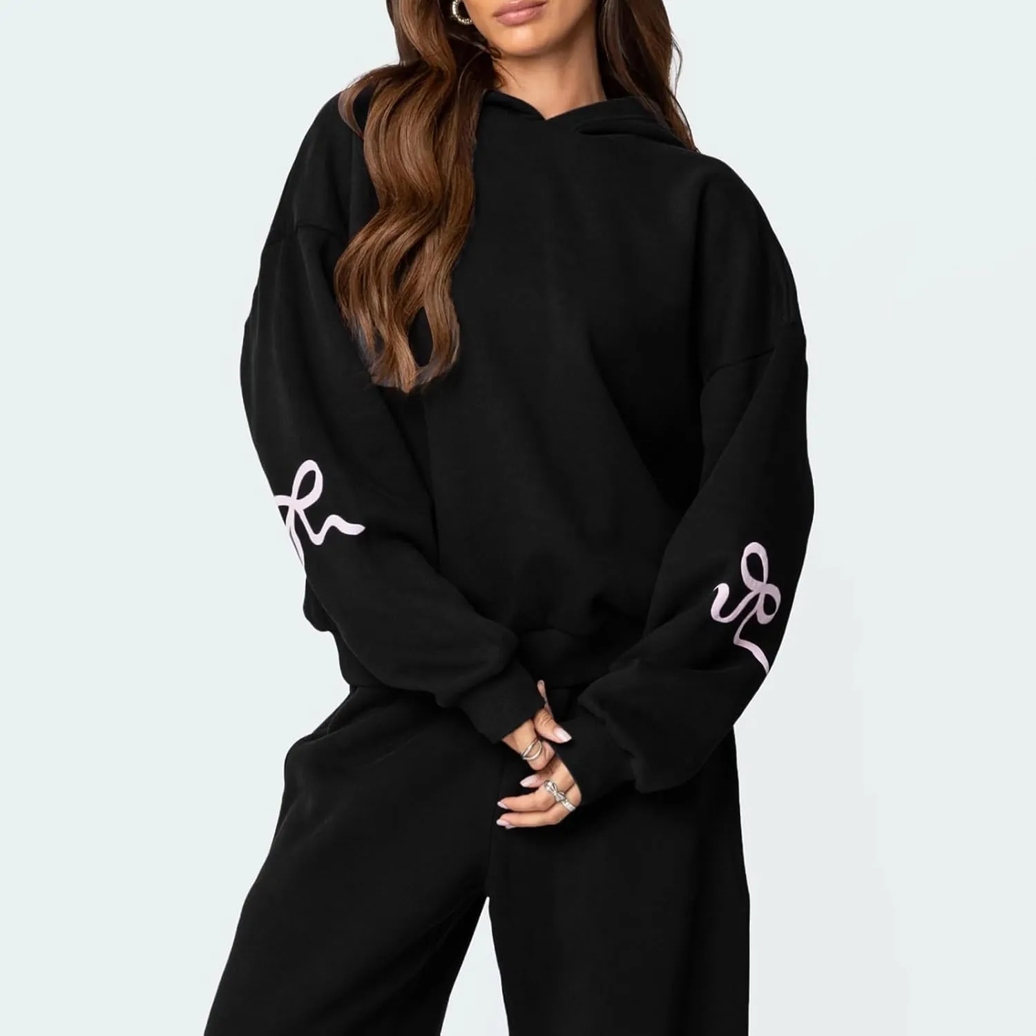 2 Piece Outfits for Women Bow Print Long Sleeve Oversized Hoodie Wide Leg Sweatpants with Pockets Sweatsuit Sets