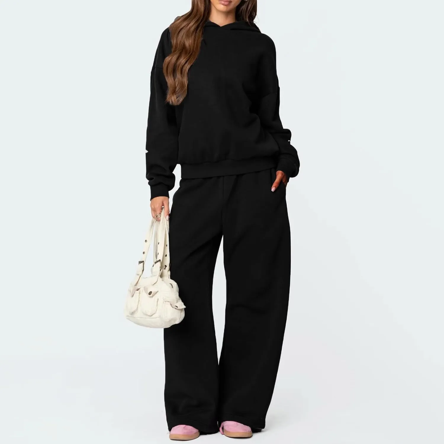 2 Piece Outfits for Women Bow Print Long Sleeve Oversized Hoodie Wide Leg Sweatpants with Pockets Sweatsuit Sets