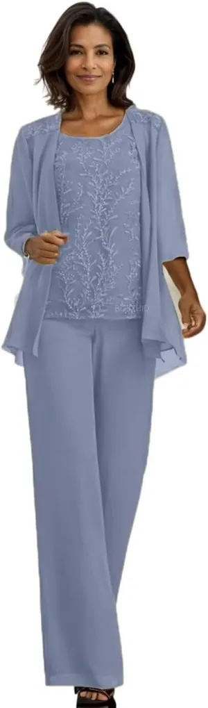 3 Pieces Mother of The Bride Pant Suits for Women Dressy Lace Appliques Formal Wedding Dress with Jacket