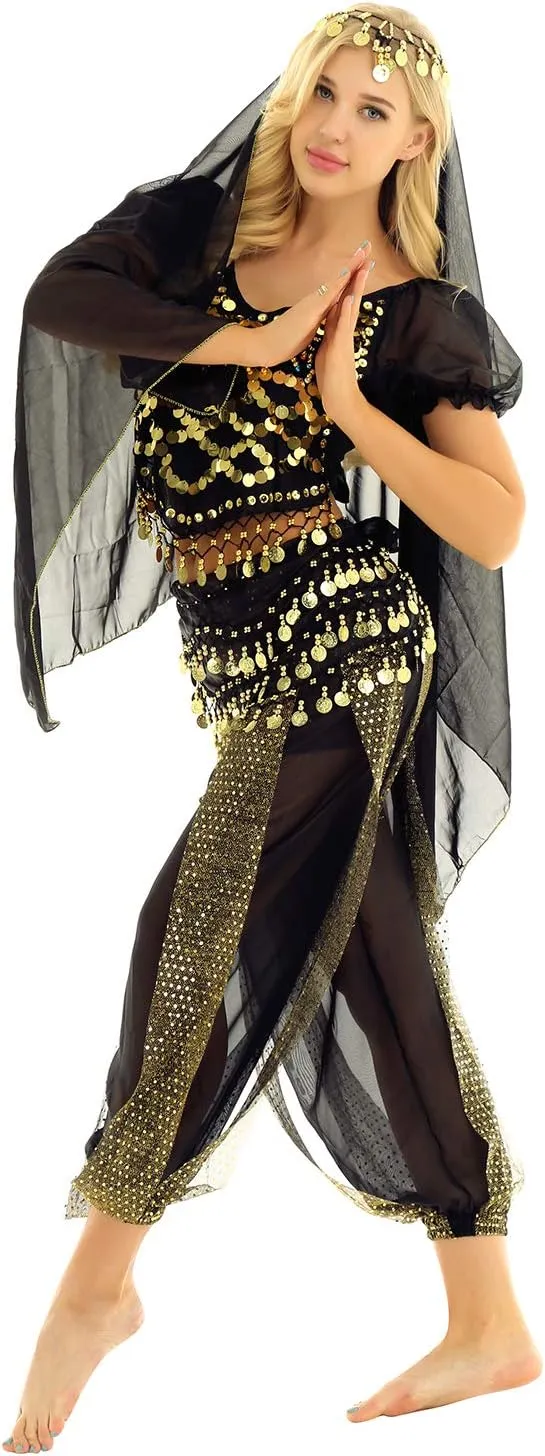 ACSUSS Womens Belly Dance Outfits Sequins Top with Harem Pants Set Hip Scarf Dance Costume