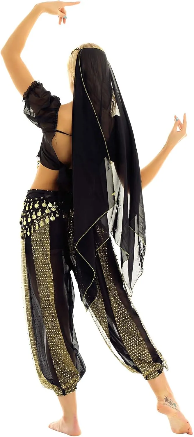 ACSUSS Womens Belly Dance Outfits Sequins Top with Harem Pants Set Hip Scarf Dance Costume