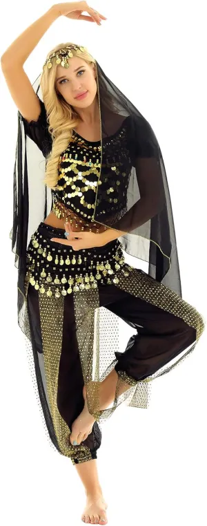 ACSUSS Womens Belly Dance Outfits Sequins Top with Harem Pants Set Hip Scarf Dance Costume