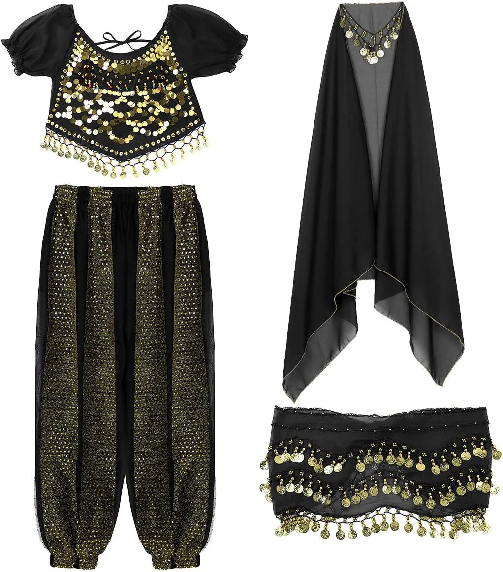 ACSUSS Womens Belly Dance Outfits Sequins Top with Harem Pants Set Hip Scarf Dance Costume