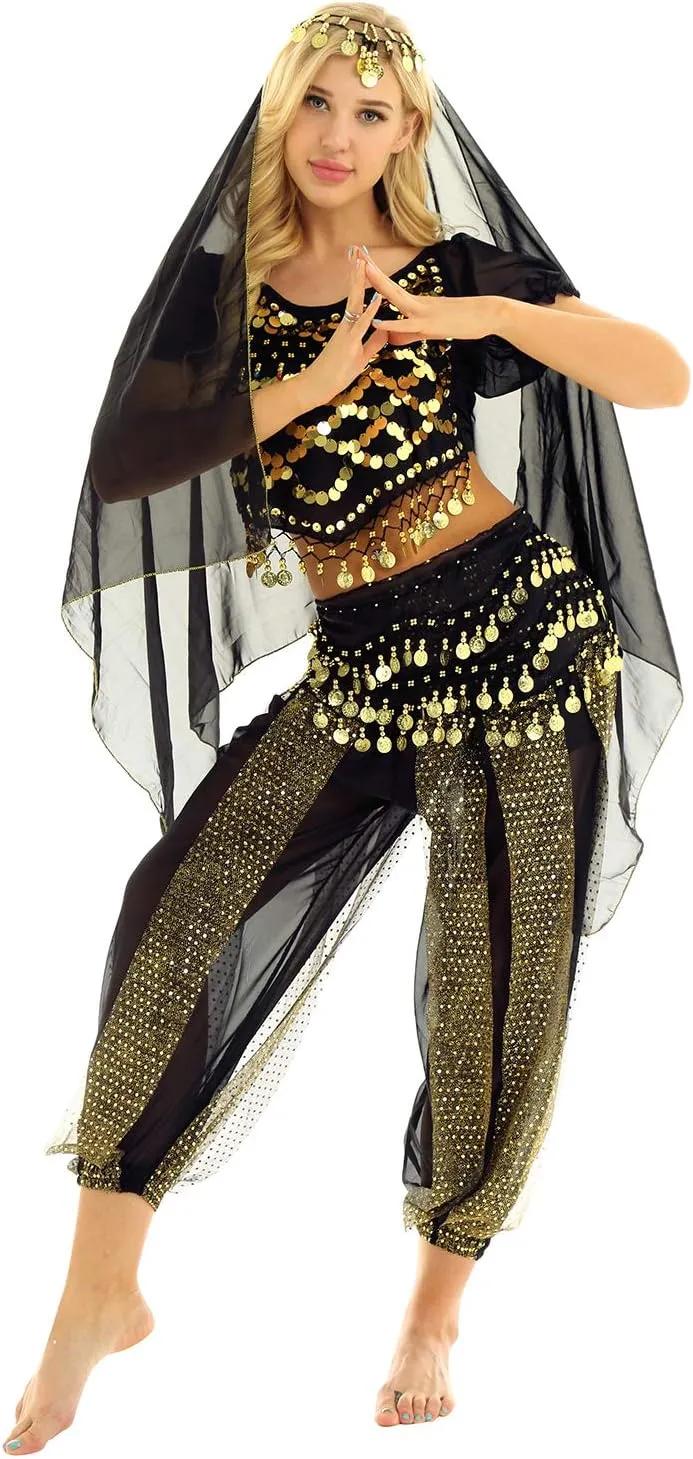 ACSUSS Womens Belly Dance Outfits Sequins Top with Harem Pants Set Hip Scarf Dance Costume