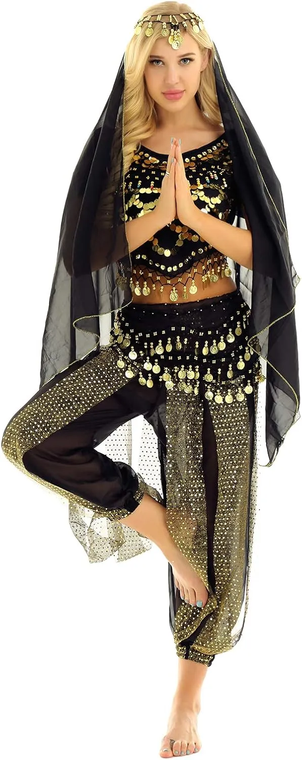ACSUSS Womens Belly Dance Outfits Sequins Top with Harem Pants Set Hip Scarf Dance Costume