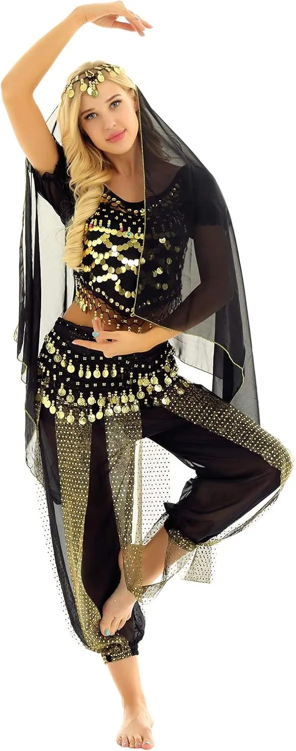 ACSUSS Womens Belly Dance Outfits Sequins Top with Harem Pants Set Hip Scarf Dance Costume