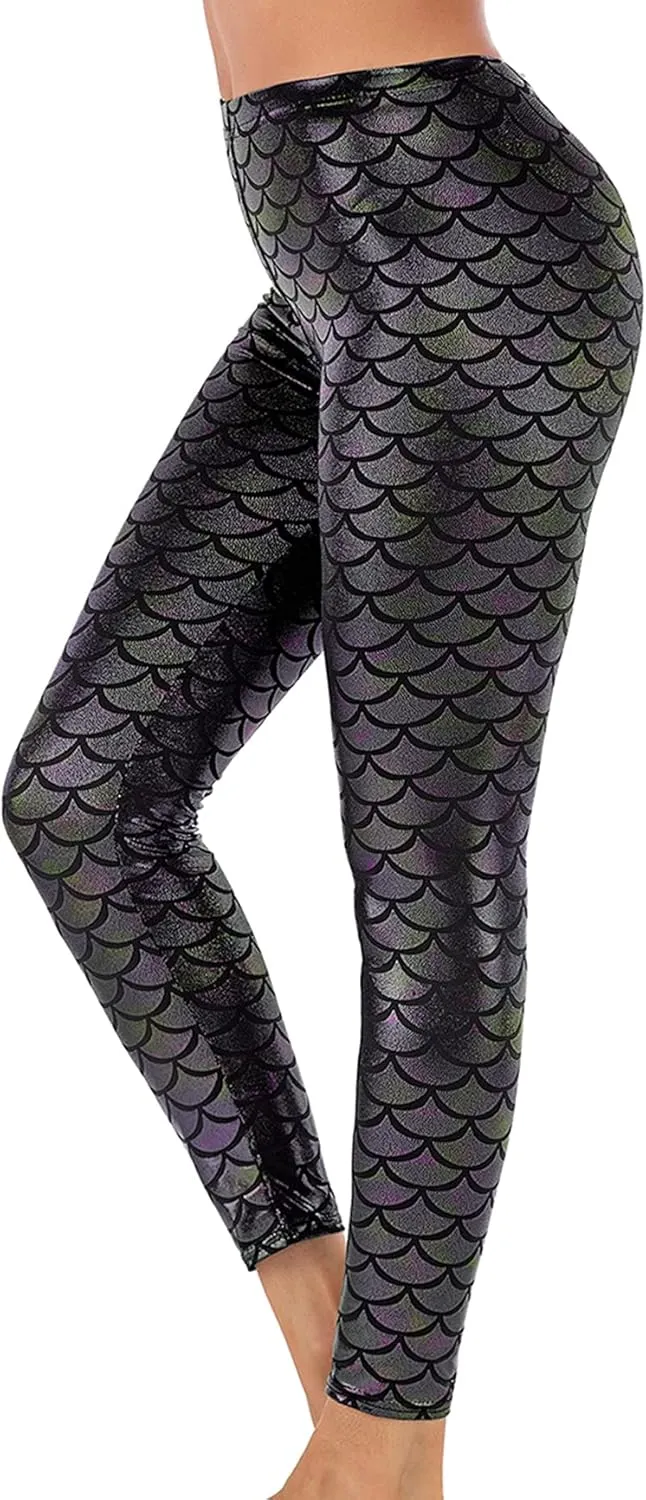 Alaroo Halloween Shiny Fish Scale Mermaid Leggings for Women Pants S-4XL