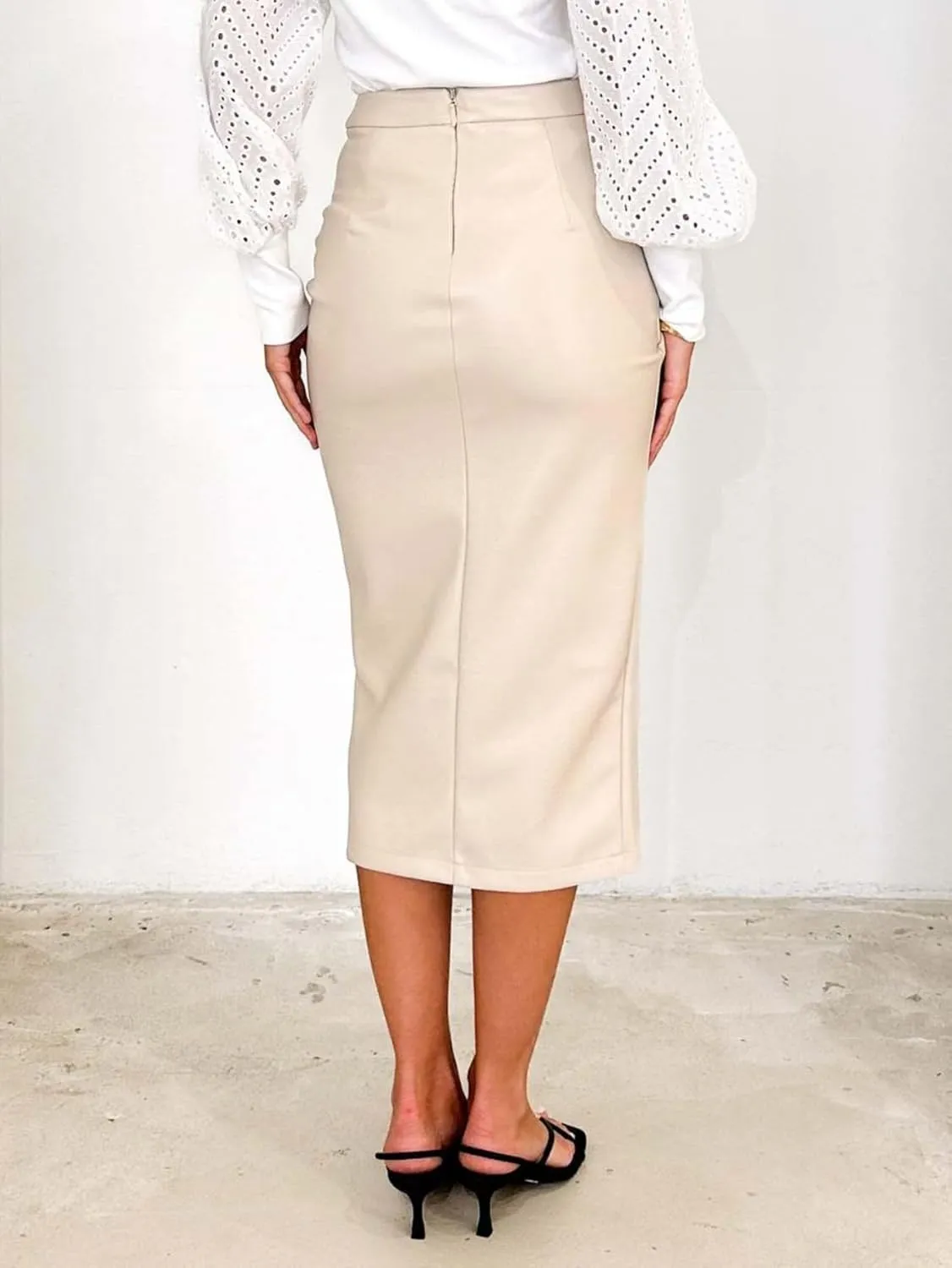 ALCEA ROSEA Women's Faux Leather Skirt High Waist Front Slit Zip Back Ruched Bodycon Pencil Midi Skirt 7832