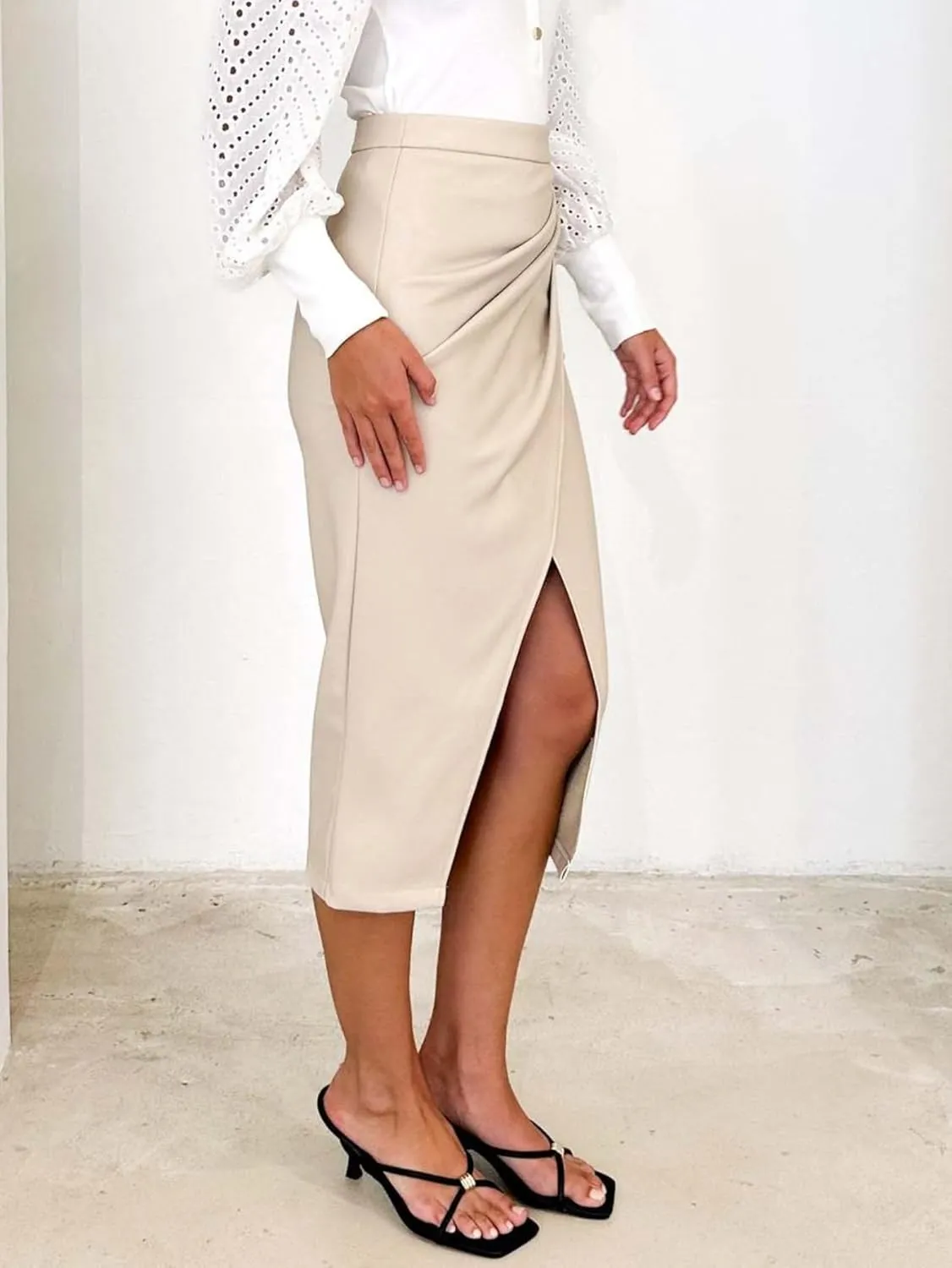 ALCEA ROSEA Women's Faux Leather Skirt High Waist Front Slit Zip Back Ruched Bodycon Pencil Midi Skirt 7832