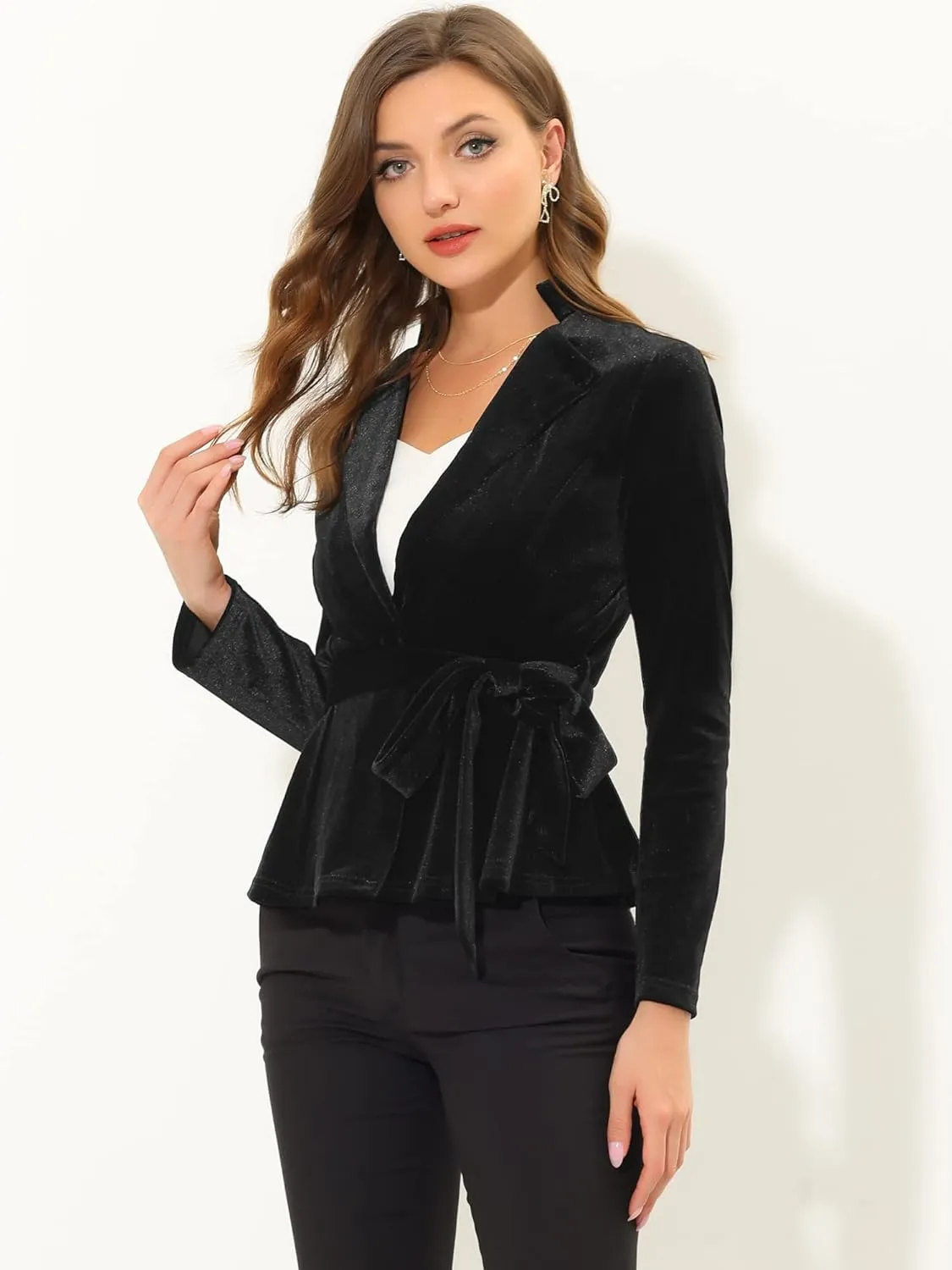 Allegra K Women's Work Office Velvet Belted Lapel Collar Blazer Jacket