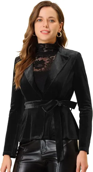 Allegra K Women's Work Office Velvet Belted Lapel Collar Blazer Jacket