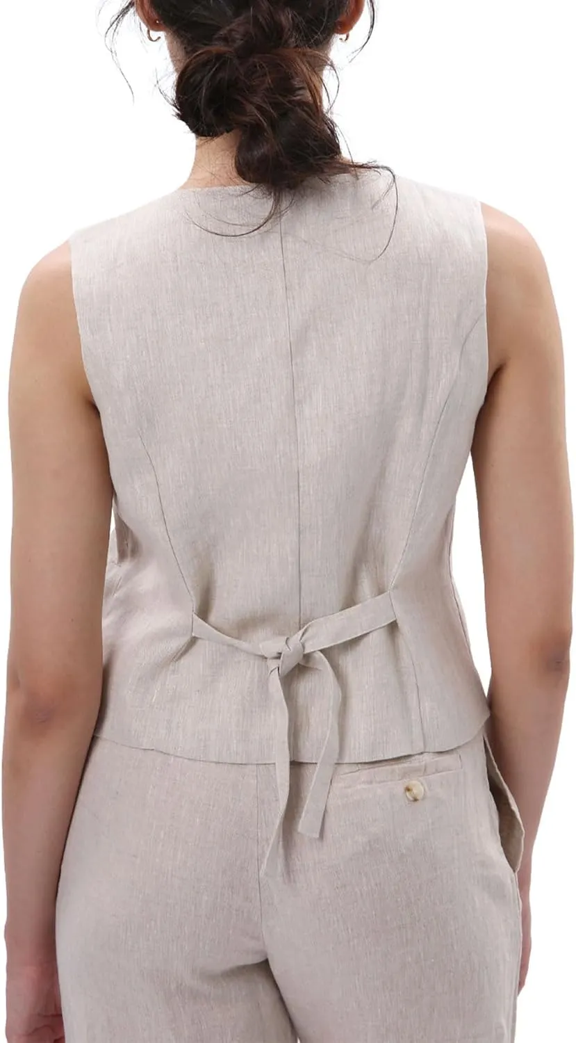 Amazhiyu Women's 100% Linen Sleeveless Button Down Crop Top Tie Back Waistcoat Vest