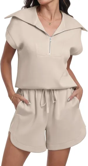 ANRABESS Two Piece Sets for Women Summer Half Zip Short Set Sweatsuit 2 Piece Outfits Sweat Lounge Sets Tracksuit