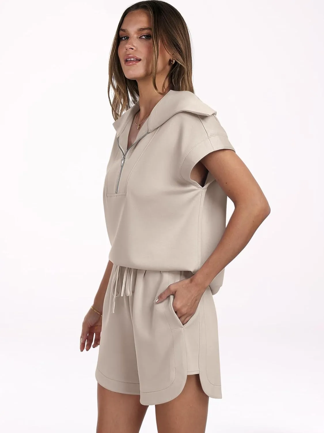 ANRABESS Two Piece Sets for Women Summer Half Zip Short Set Sweatsuit 2 Piece Outfits Sweat Lounge Sets Tracksuit