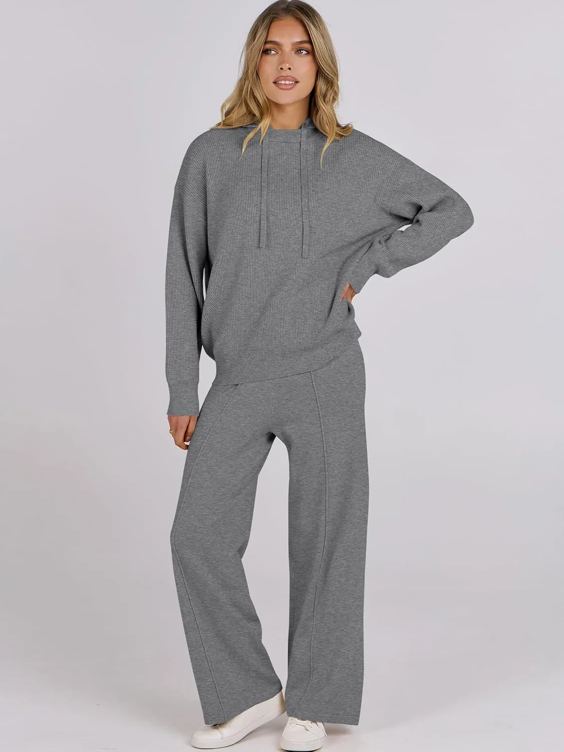 ANRABESS Women 2 Piece Outfits Sweater Sets Loose Long Sleeve Hoodies Knit Pullover Wide Leg Pants 2025 Fall Lounge Sweatsuit