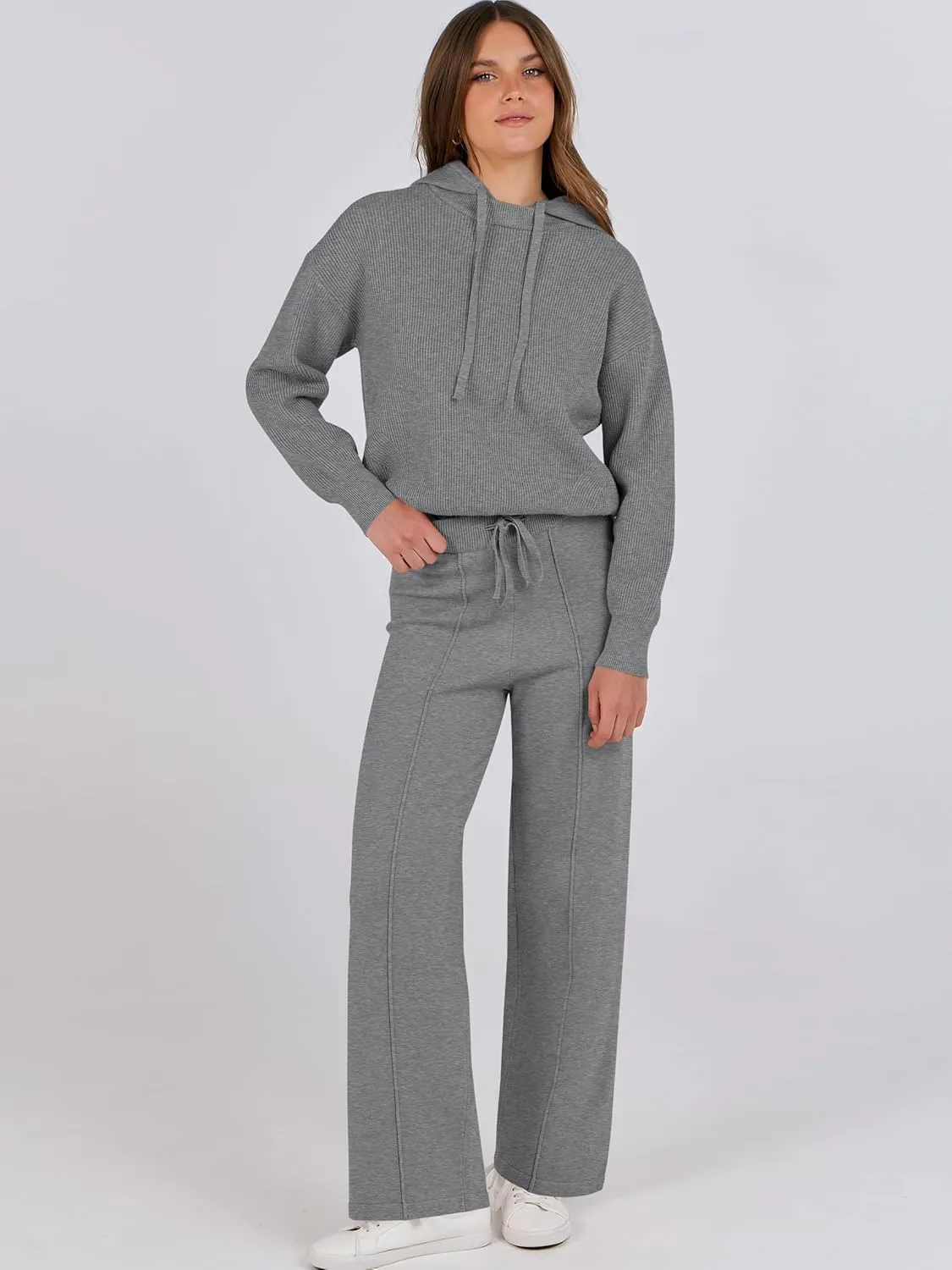 ANRABESS Women 2 Piece Outfits Sweater Sets Loose Long Sleeve Hoodies Knit Pullover Wide Leg Pants 2025 Fall Lounge Sweatsuit