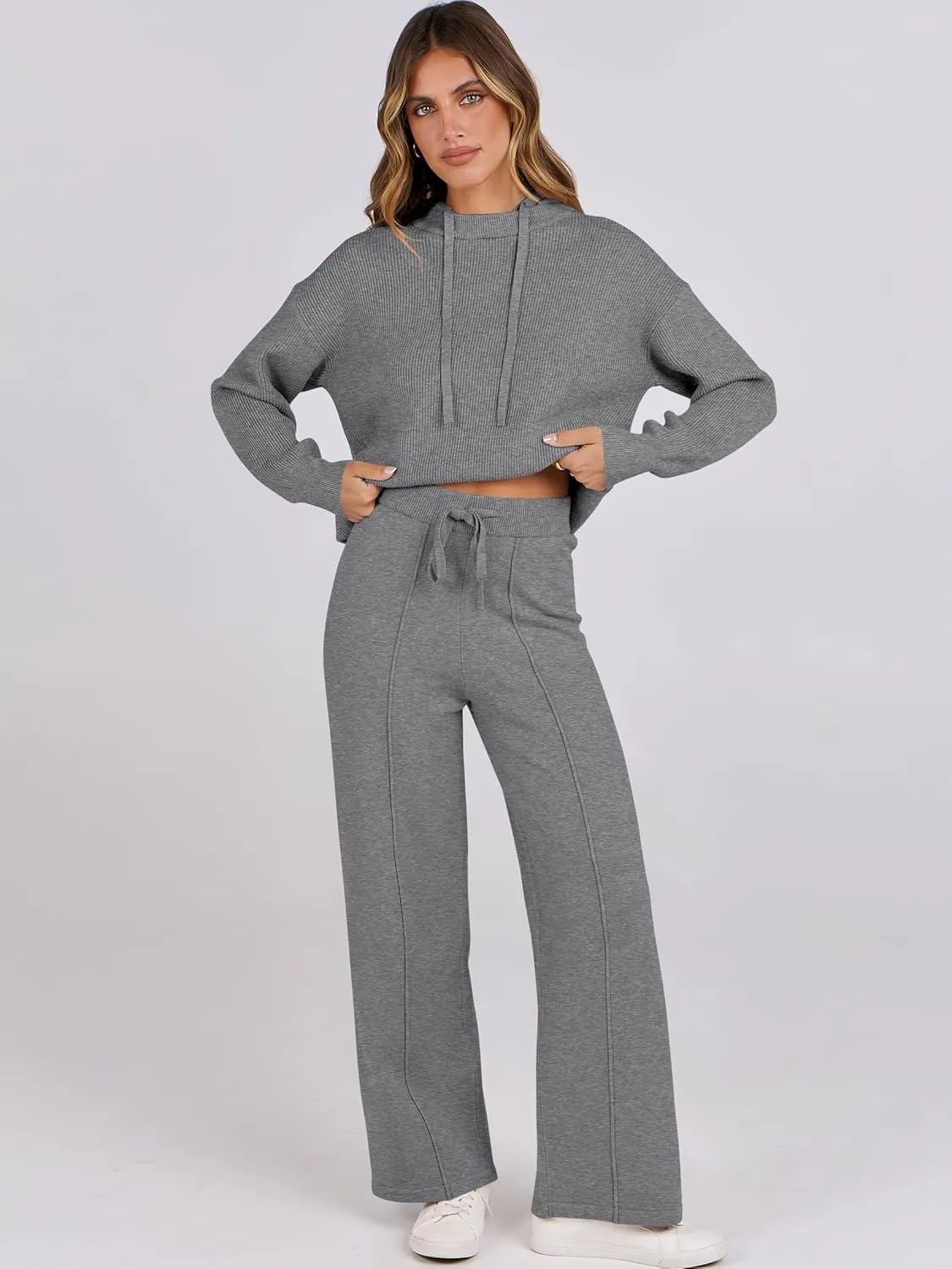ANRABESS Women 2 Piece Outfits Sweater Sets Loose Long Sleeve Hoodies Knit Pullover Wide Leg Pants 2025 Fall Lounge Sweatsuit