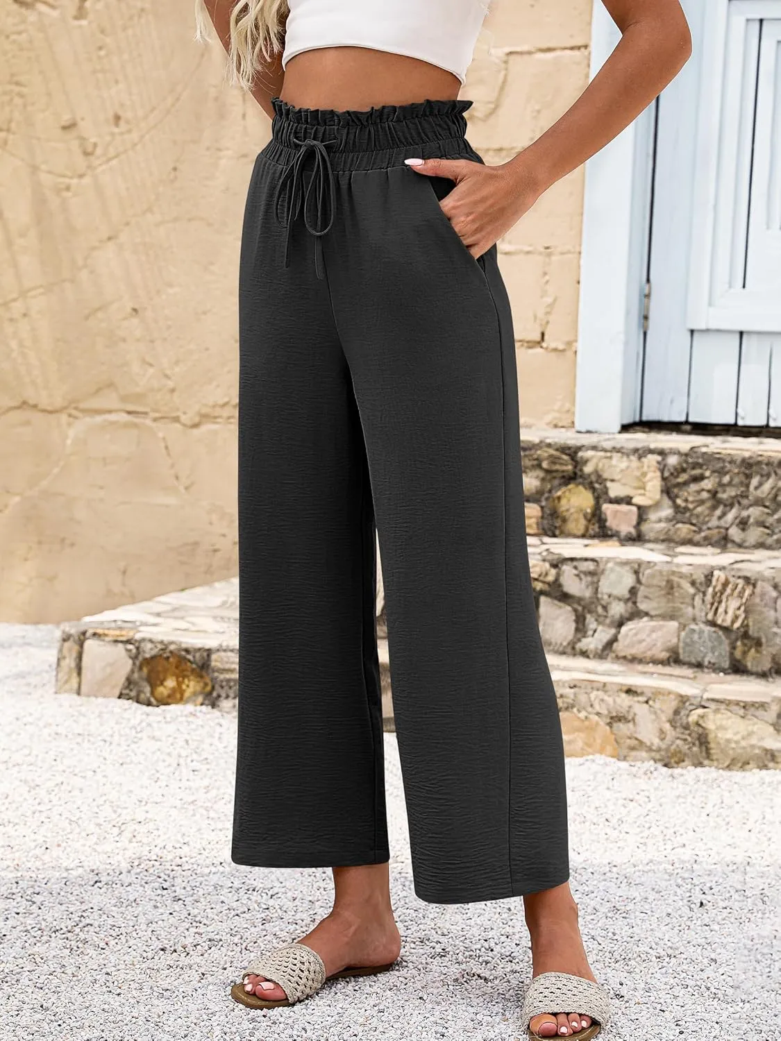 ANRABESS Women 2025 Summer Casual Flowy Loose High Waist Boho Wide Leg Cropped Palazzo Lounge Beach Vacation Pants Trousers