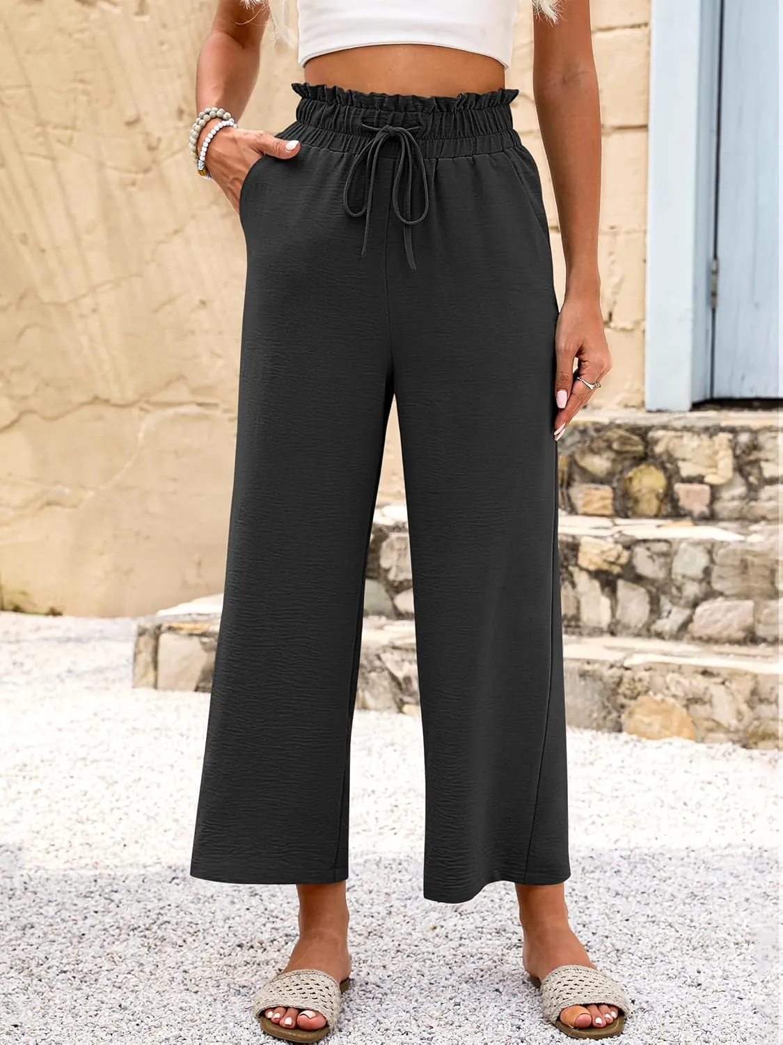 ANRABESS Women 2025 Summer Casual Flowy Loose High Waist Boho Wide Leg Cropped Palazzo Lounge Beach Vacation Pants Trousers