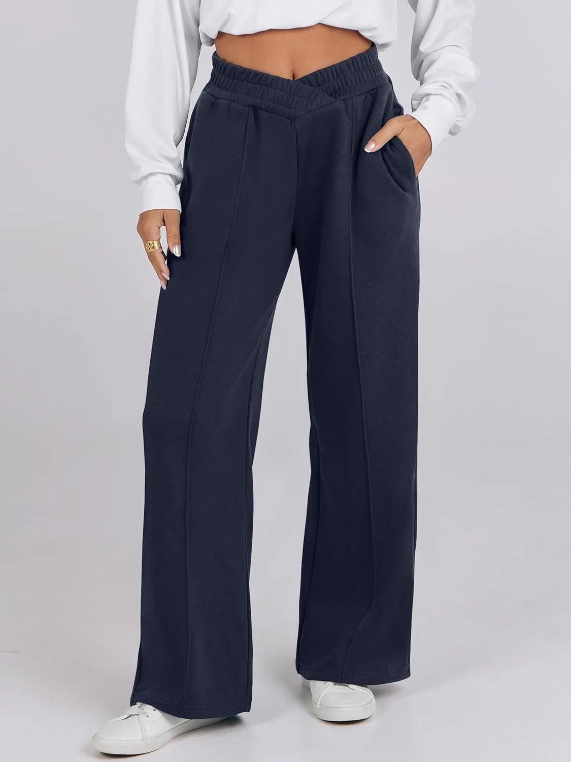 ANRABESS Women Asymmetric High Waist Wide Straight Leg Sweatpants with Pockets 2024 Fall Trendy Sweat Jogger Pants