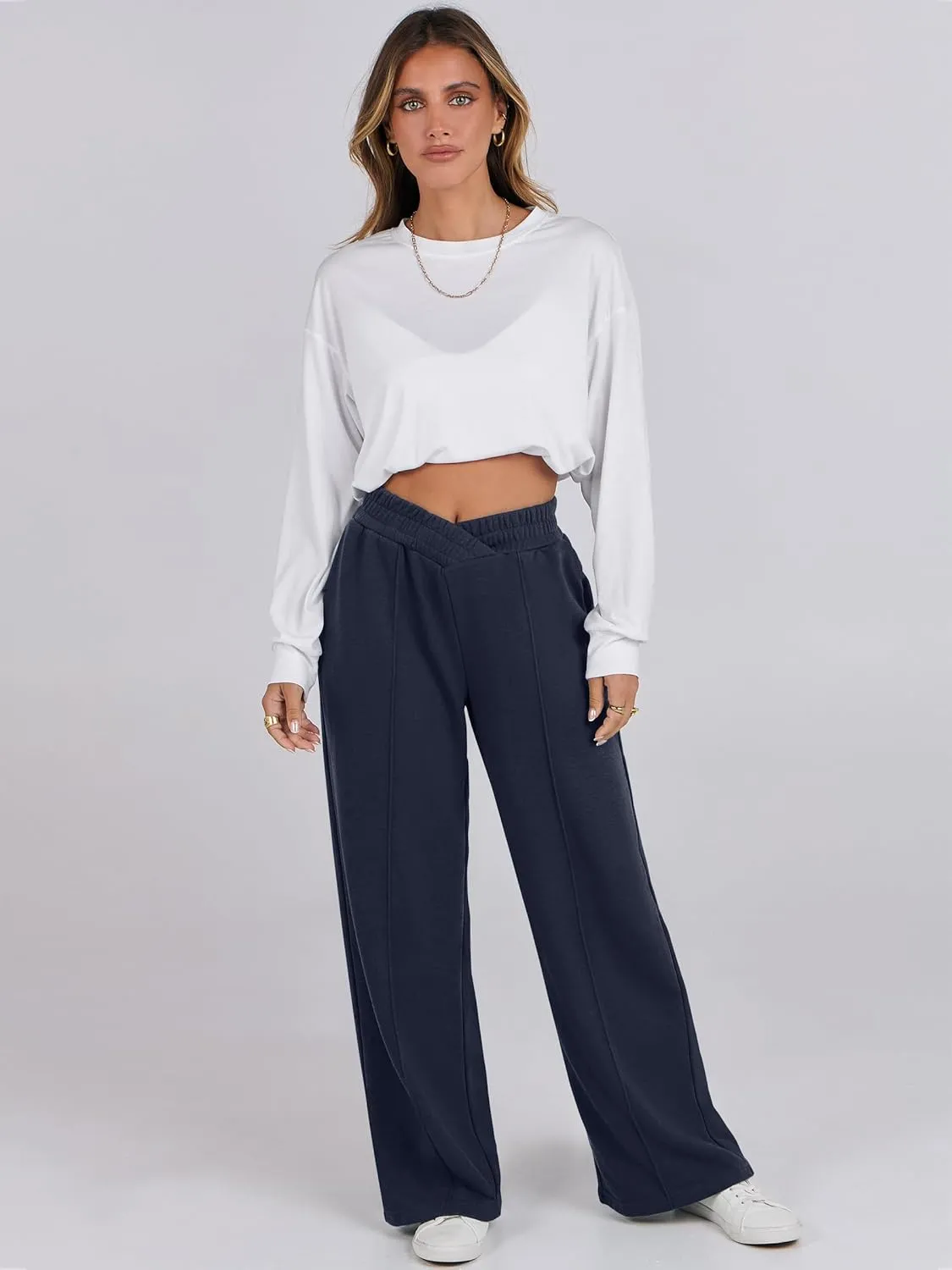 ANRABESS Women Asymmetric High Waist Wide Straight Leg Sweatpants with Pockets 2024 Fall Trendy Sweat Jogger Pants