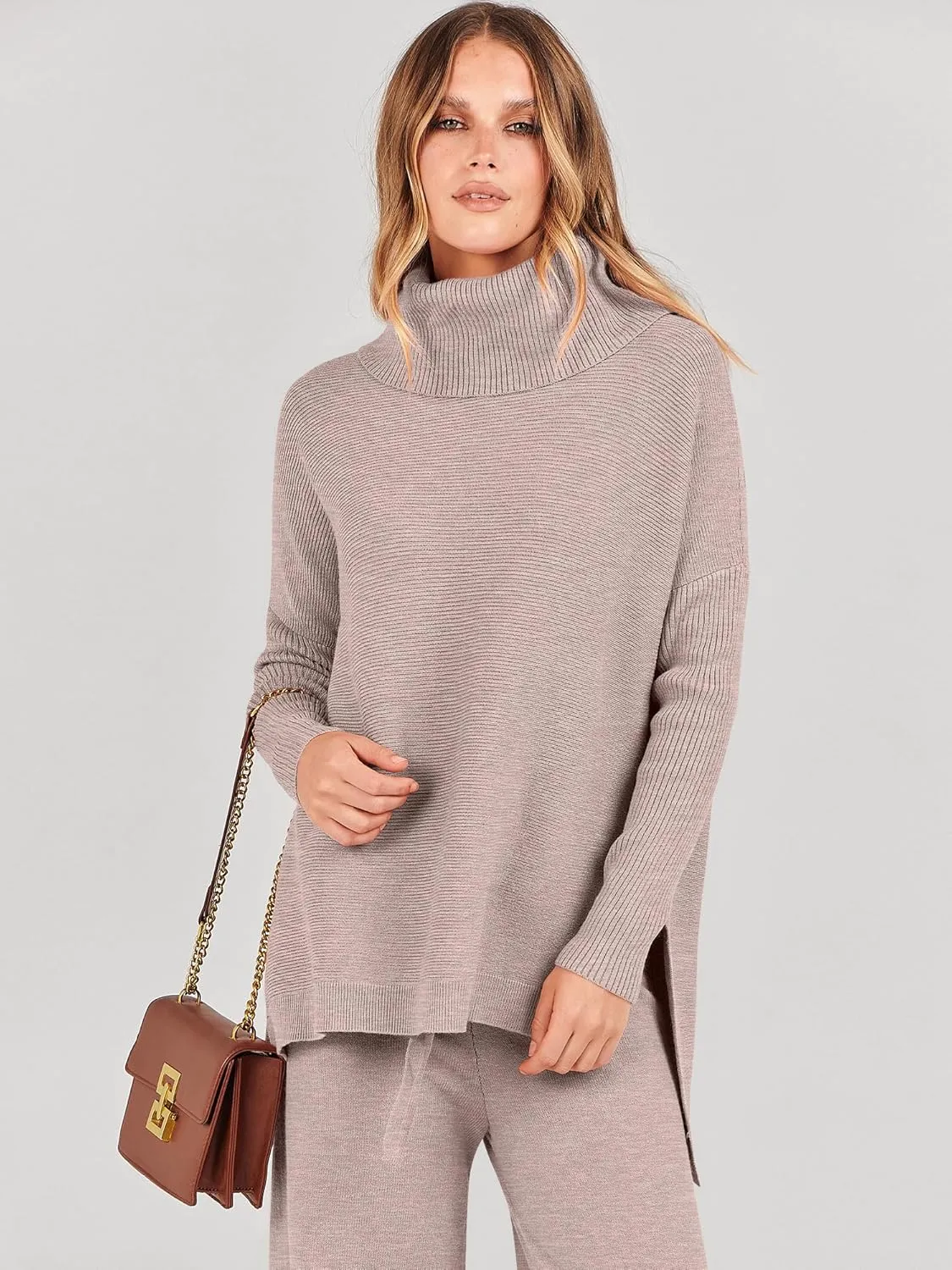 ANRABESS Women Two Piece Outfits Oversized Turtleneck Knit Pullover Sweater Top Wide Leg Pants Lounge Set Sweatsuit 2025 Fall