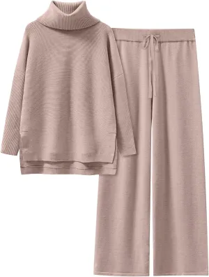 ANRABESS Women Two Piece Outfits Oversized Turtleneck Knit Pullover Sweater Top Wide Leg Pants Lounge Set Sweatsuit 2025 Fall