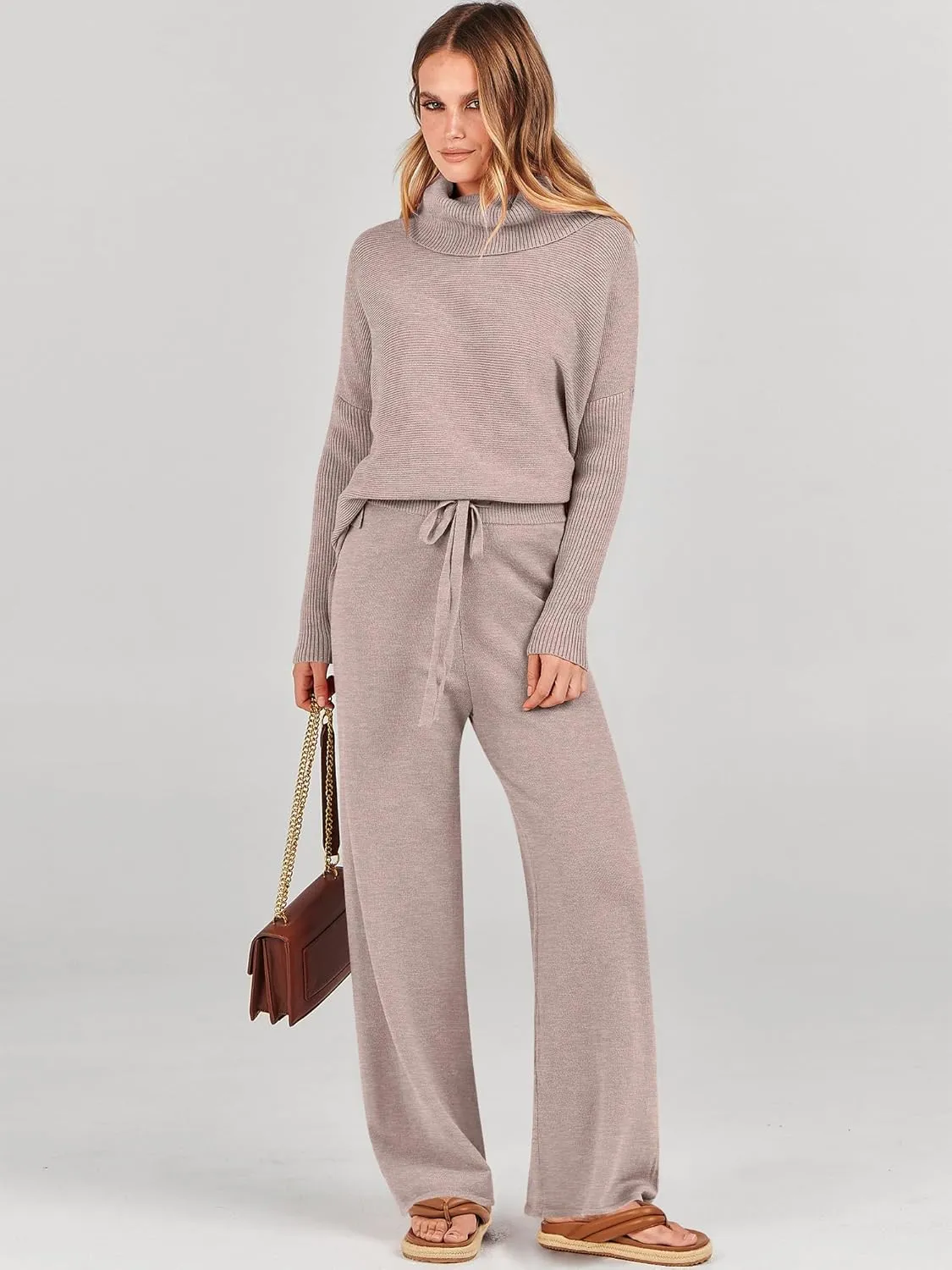 ANRABESS Women Two Piece Outfits Oversized Turtleneck Knit Pullover Sweater Top Wide Leg Pants Lounge Set Sweatsuit 2025 Fall