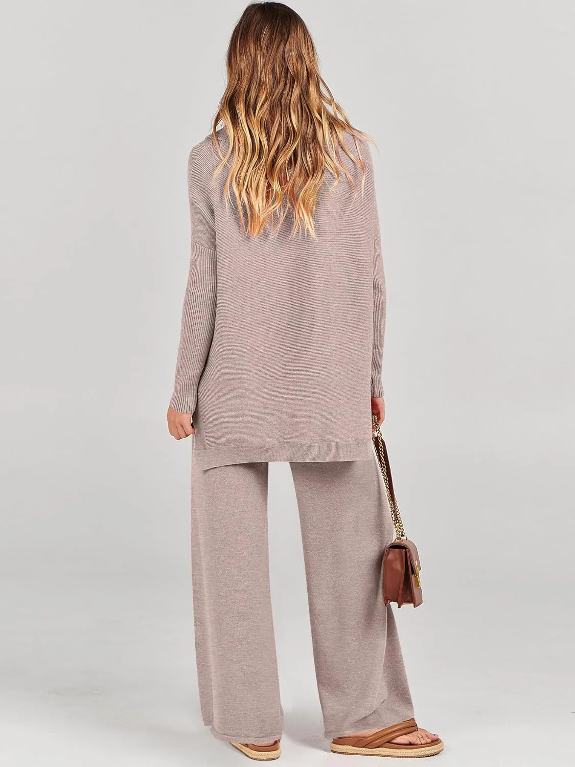 ANRABESS Women Two Piece Outfits Oversized Turtleneck Knit Pullover Sweater Top Wide Leg Pants Lounge Set Sweatsuit 2025 Fall