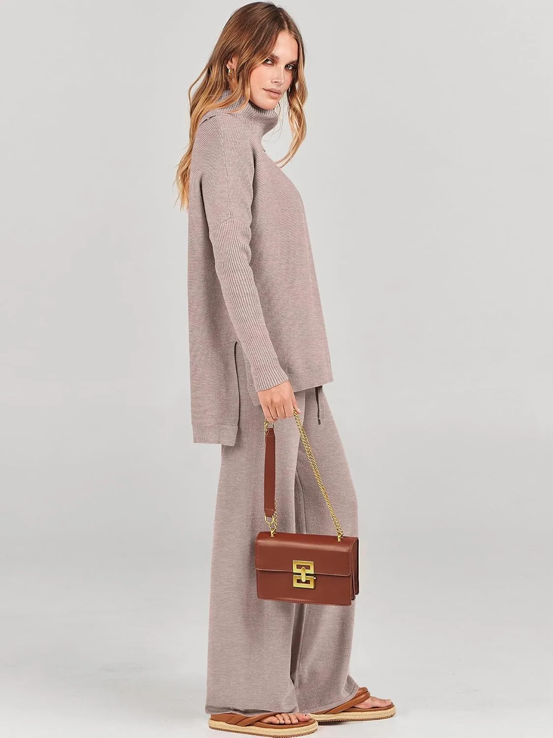 ANRABESS Women Two Piece Outfits Oversized Turtleneck Knit Pullover Sweater Top Wide Leg Pants Lounge Set Sweatsuit 2025 Fall