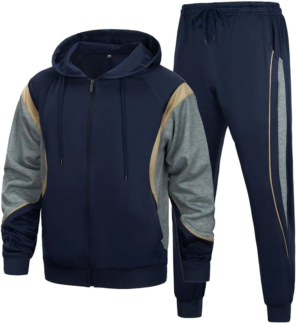 AOTORR Men's Hooded Athletic Tracksuit Sweatsuit Long Sleeve Full-Zip Jogging Sweatpants 2 Piece Patchwork Sportsuits