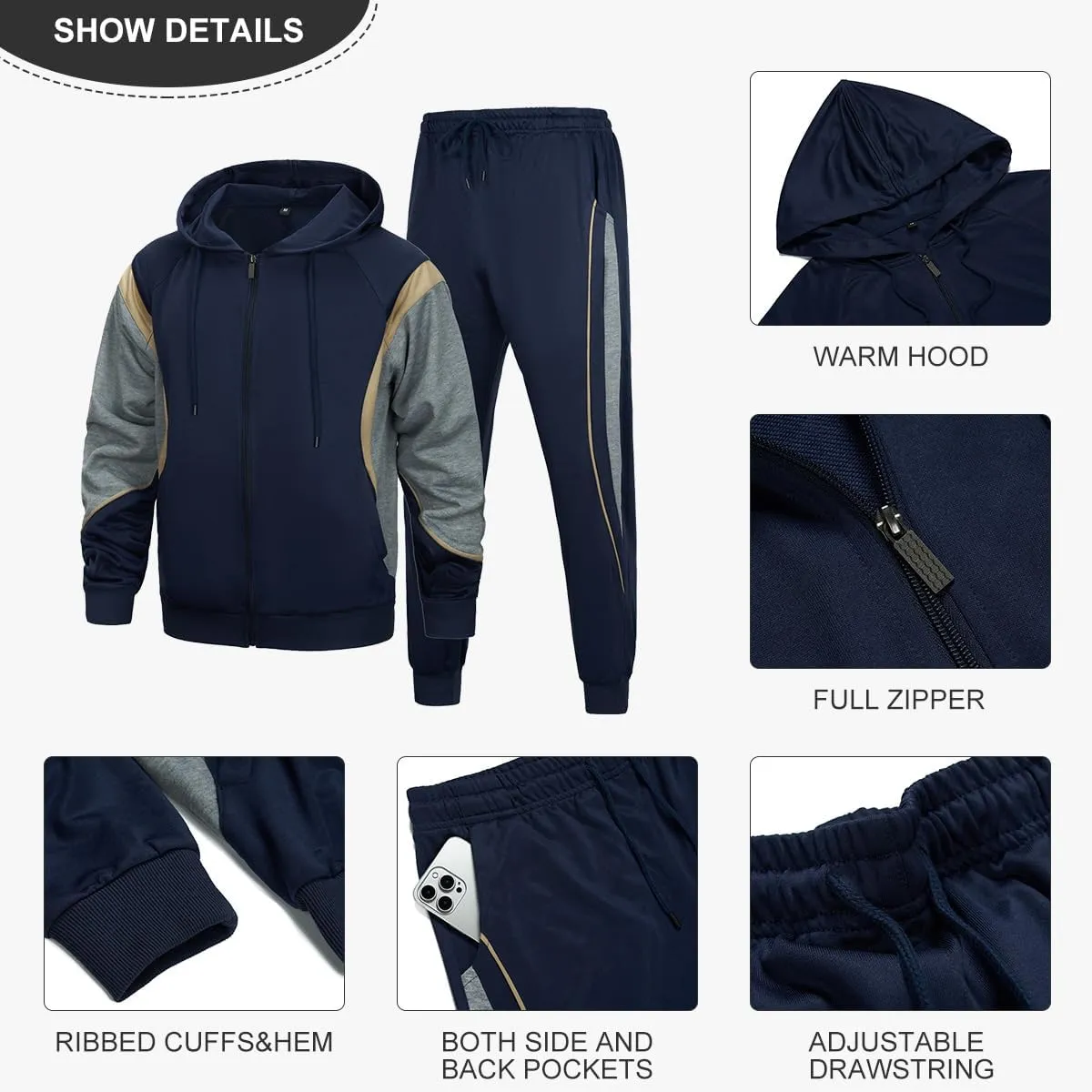 AOTORR Men's Hooded Athletic Tracksuit Sweatsuit Long Sleeve Full-Zip Jogging Sweatpants 2 Piece Patchwork Sportsuits