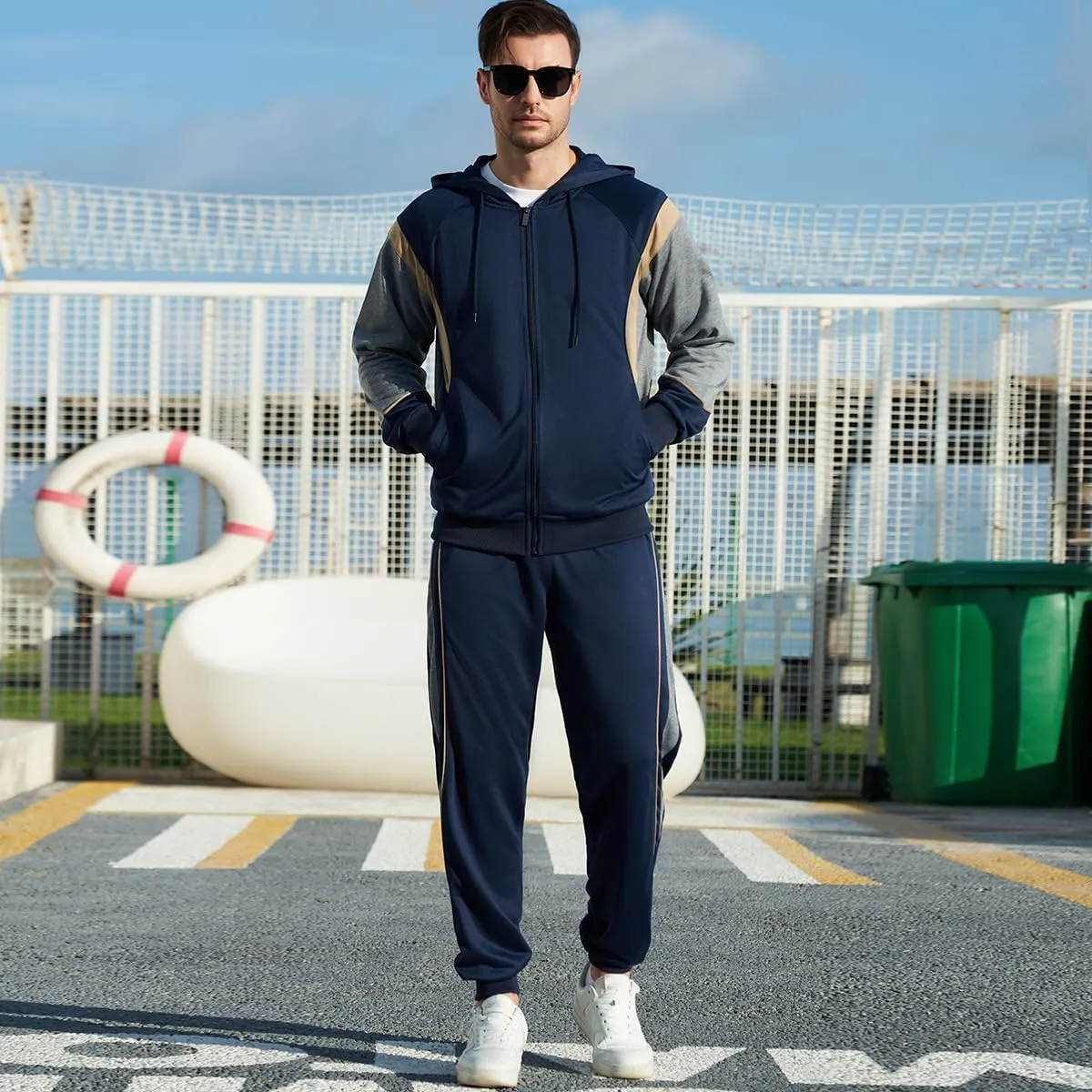 AOTORR Men's Hooded Athletic Tracksuit Sweatsuit Long Sleeve Full-Zip Jogging Sweatpants 2 Piece Patchwork Sportsuits