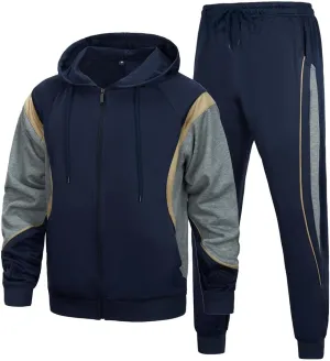 AOTORR Men's Hooded Athletic Tracksuit Sweatsuit Long Sleeve Full-Zip Jogging Sweatpants 2 Piece Patchwork Sportsuits