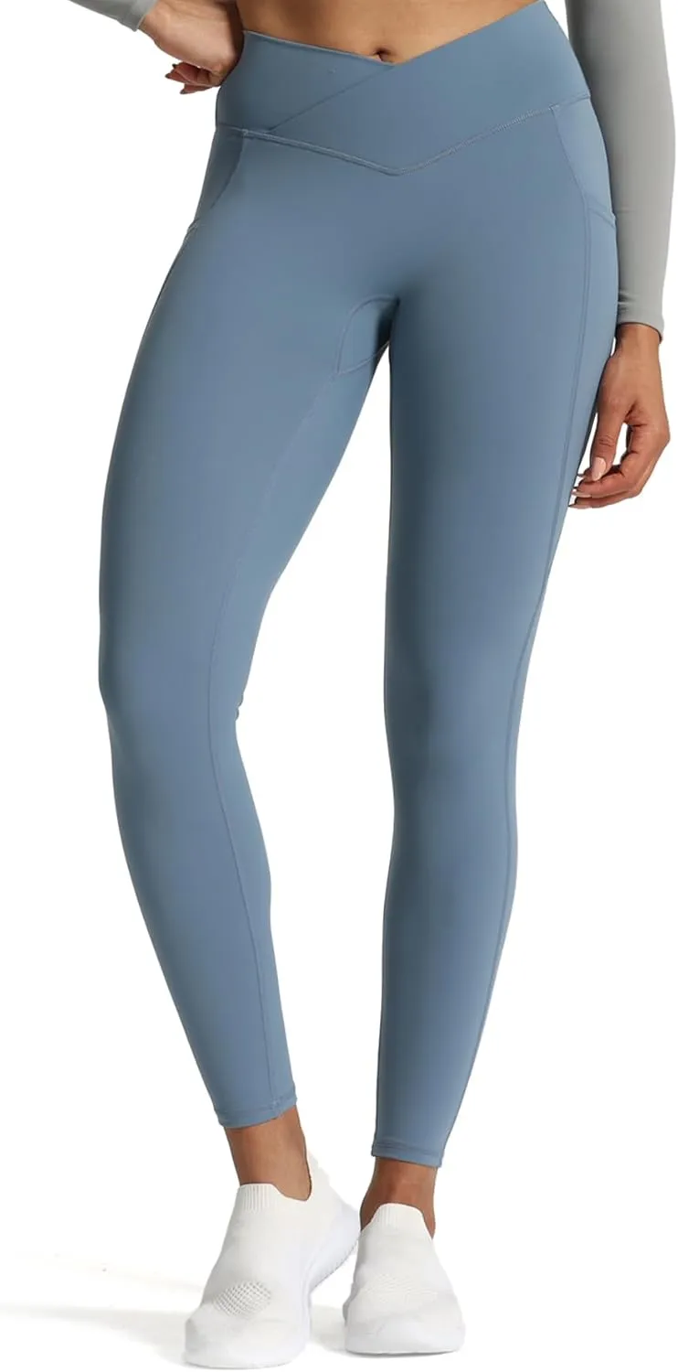 Aoxjox Trinity High Waisted Yoga Pants with Pockets for Women Tummy Control Cross-Waist Buttery Soft Workout Leggings 26"