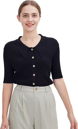 ASSUAL Women Short Sleeve Polo Sweater Lightweight Casual Button Down Cardigan Knit Top