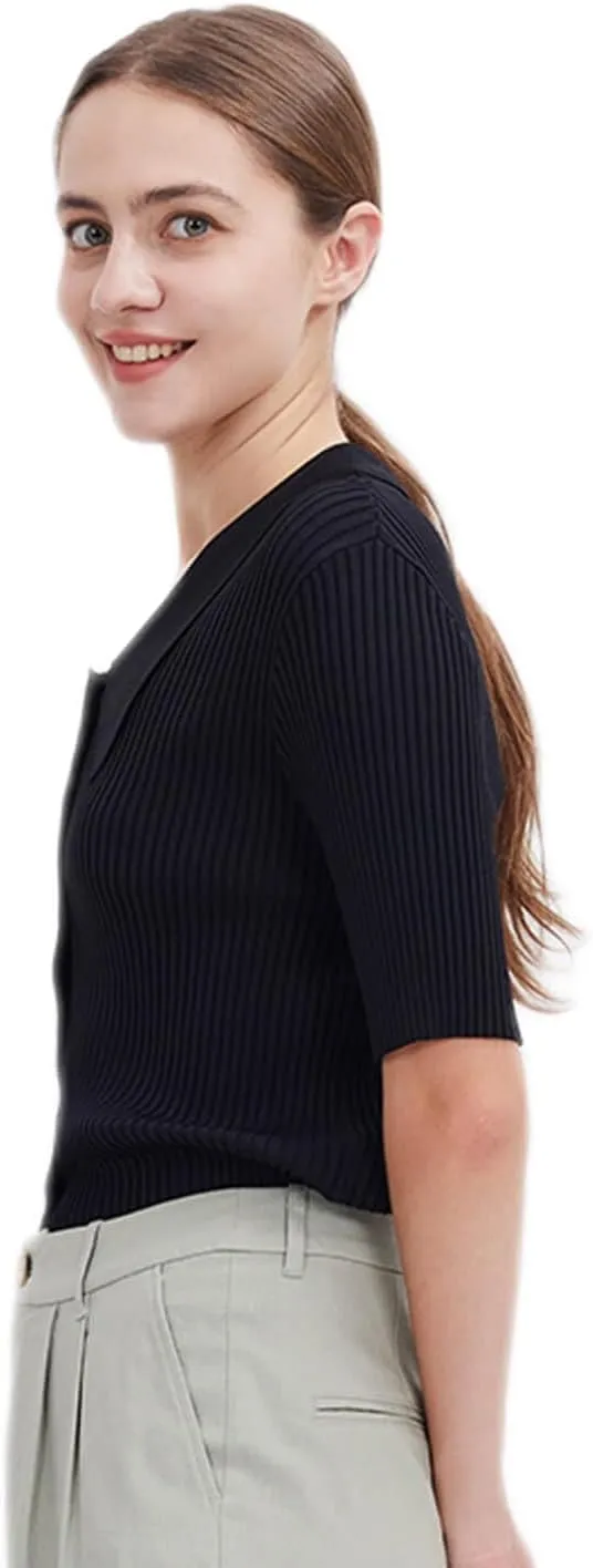 ASSUAL Women Short Sleeve Polo Sweater Lightweight Casual Button Down Cardigan Knit Top