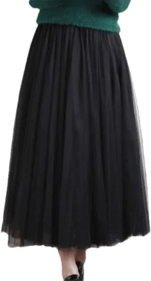Autumn Winter Women Long Midi Skirt Ladies Elastic High Waist Tulle Mesh Pleated Skirt