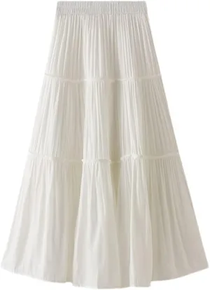 Autumn Women Pleated Midi Skirts Female Vintage Casual Elastic Solid Party Long Skirt