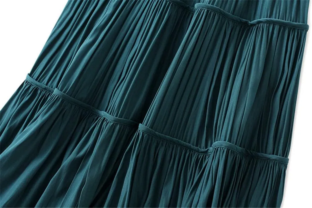 Autumn Women Pleated Midi Skirts Female Vintage Casual Elastic Solid Party Long Skirt