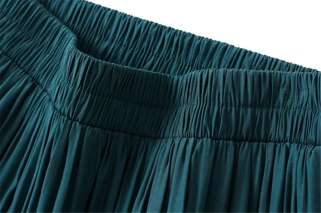 Autumn Women Pleated Midi Skirts Female Vintage Casual Elastic Solid Party Long Skirt