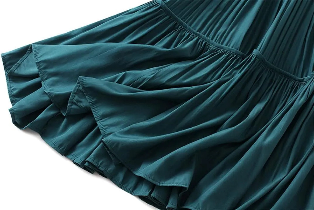 Autumn Women Pleated Midi Skirts Female Vintage Casual Elastic Solid Party Long Skirt