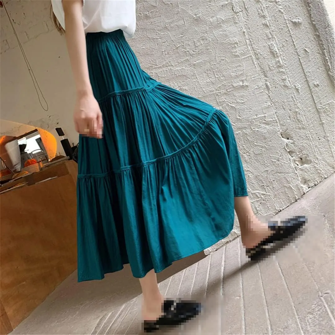 Autumn Women Pleated Midi Skirts Female Vintage Casual Elastic Solid Party Long Skirt