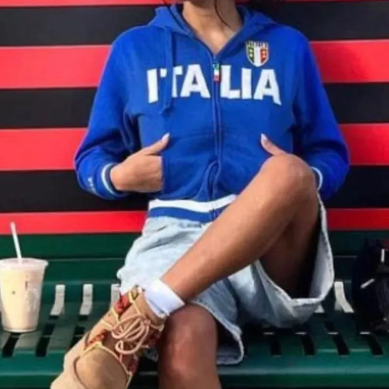 Back To School Joskaa Aesthetic Vintage Embroidery Letter Goth Slim Hoodies Women Blue Zip Up Sweatshirt Female Harajuku Cropped Jacket Y2K Streetwear