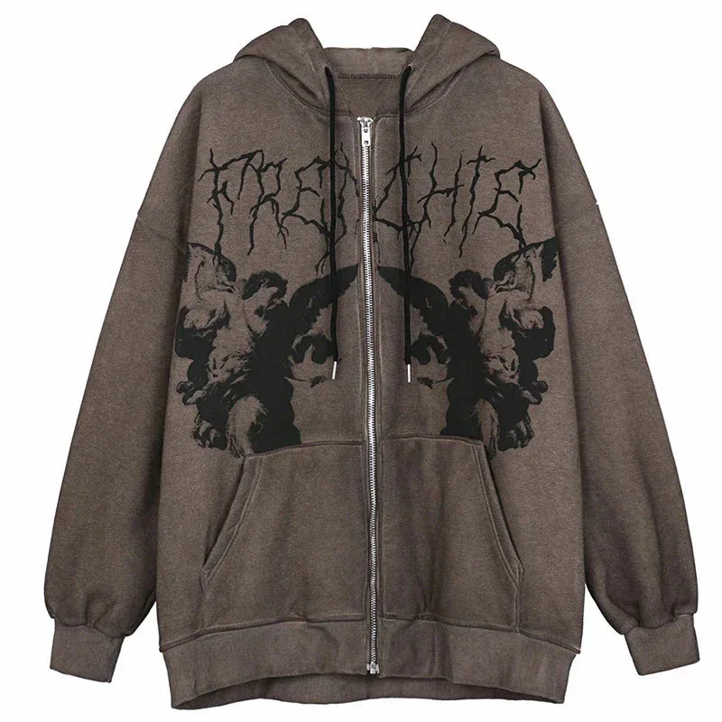 Back To School Sonicelife 2024 Women Jacket Angel Dark Print Jacket Coat Goth Harajuku Y2k Clothes Punk Sweatshirt Outwear Zipp Hip Hop Streetwear Hoodies