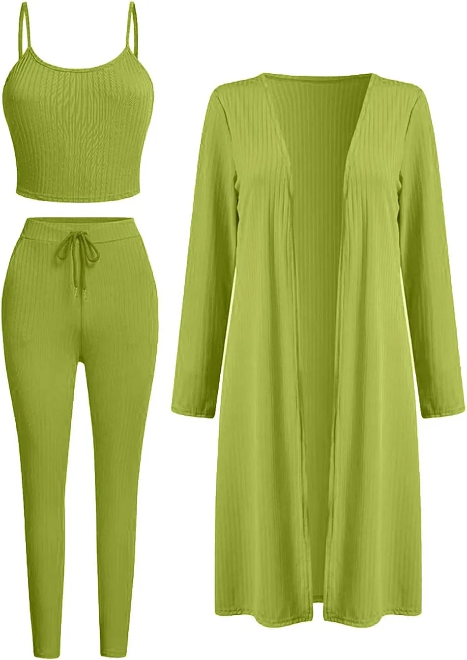 BDAILKA Women's 3 Piece Lounge Set Casual Ribbed Long Sleeve Cardigan Halter Top Drawstring Pants Lounge Sets