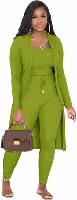 BDAILKA Women's 3 Piece Lounge Set Casual Ribbed Long Sleeve Cardigan Halter Top Drawstring Pants Lounge Sets
